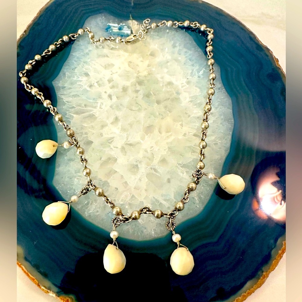 faceted quarts crystals and pearls handmade sterling raindrop chain necklace